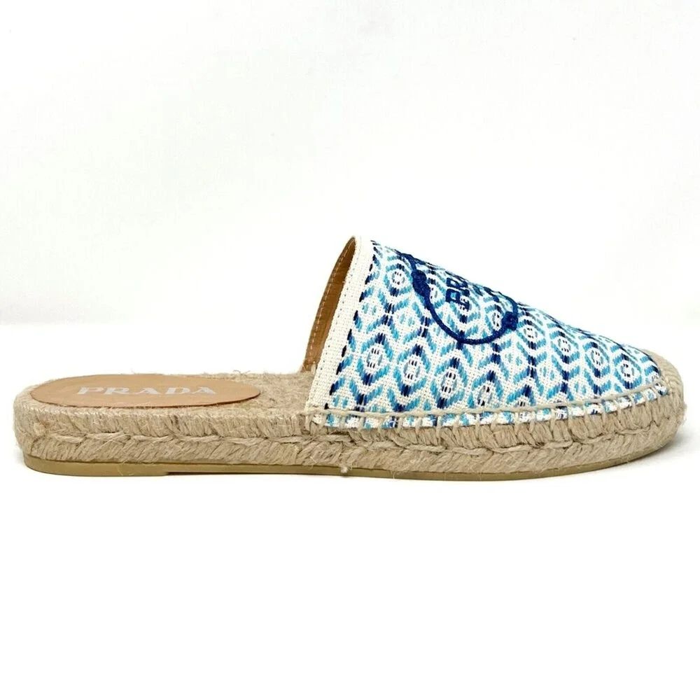 Prada Blue Embroidered Logo Pattern‎ Espadrille Slides Size 38